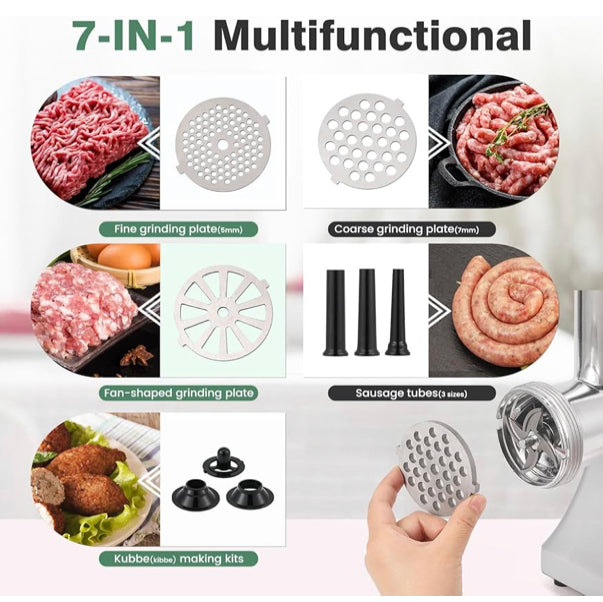 Cheffinger Picadora eléctrica de Carne Multifunción 2500W de potencia Con Embutidora de Chorizos Trituradora de Carne Para Uso Doméstico y Comercial