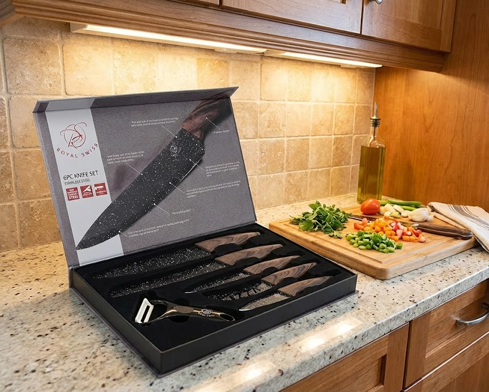 Pack de batería de cocina de 12 piezas en acero inoxidable con sus tapaderas y un juego de 6 cuchillos