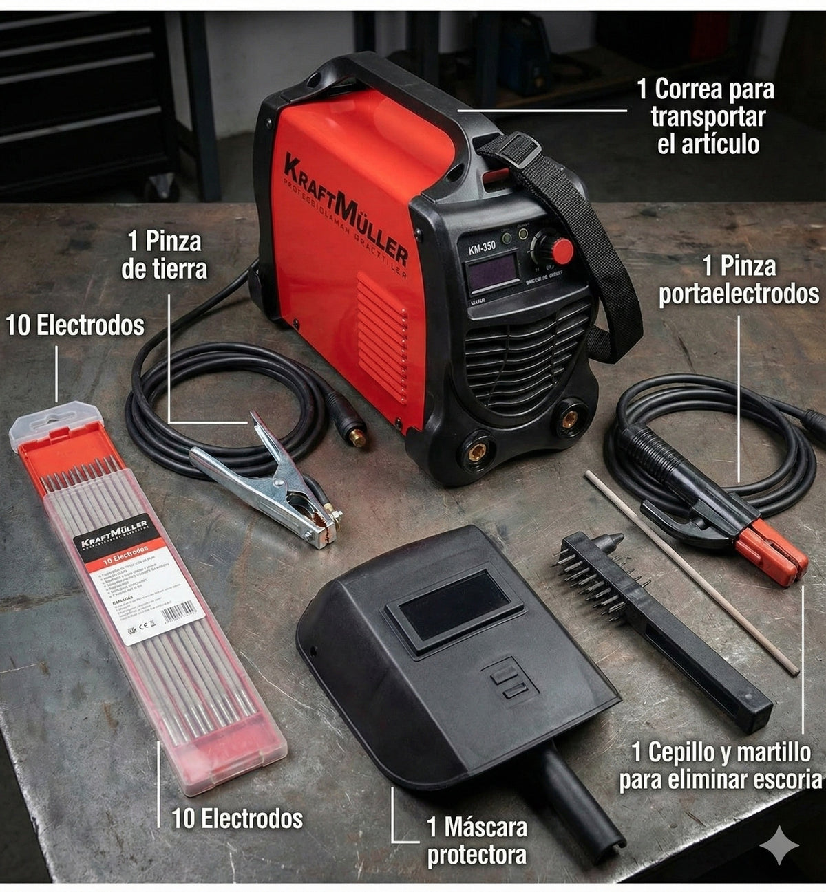 KRAFT MÜLLER Soldador Inverter PROFESIONAL 350A de Potencia Tecnologia IGBT con Pantalla LED Incluye 10 Electrodos, Careta, Cepillo - Piqueta, Pinza Porta Electrodo Negativo