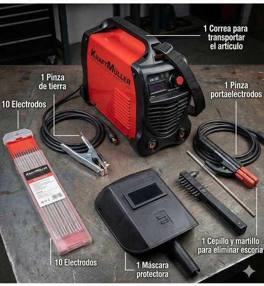 KRAFT MÜLLER Soldador Inverter PROFESIONAL 350A de Potencia Tecnologia IGBT con Pantalla LED Incluye 10 Electrodos, Careta, Cepillo - Piqueta, Pinza Porta Electrodo Negativo