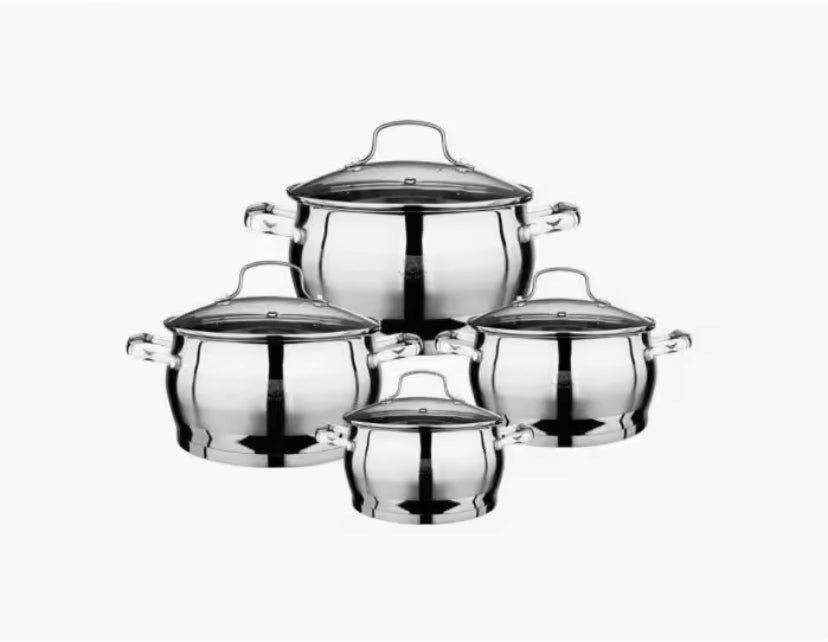 Bateria de cocina de 4 piezas en acero inoxidable con sus tapaderas de cristal apta para todo tipo de cocina