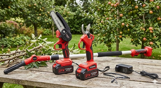 Kit de Poda a Batería - Motosierra a Batería + Tijeras de Podar Eléctricas + Pértiga Telescópica - Incluye 2 Baterías - Pértiga de 263cm para Poda en Altura - Con Cargador y Gafas