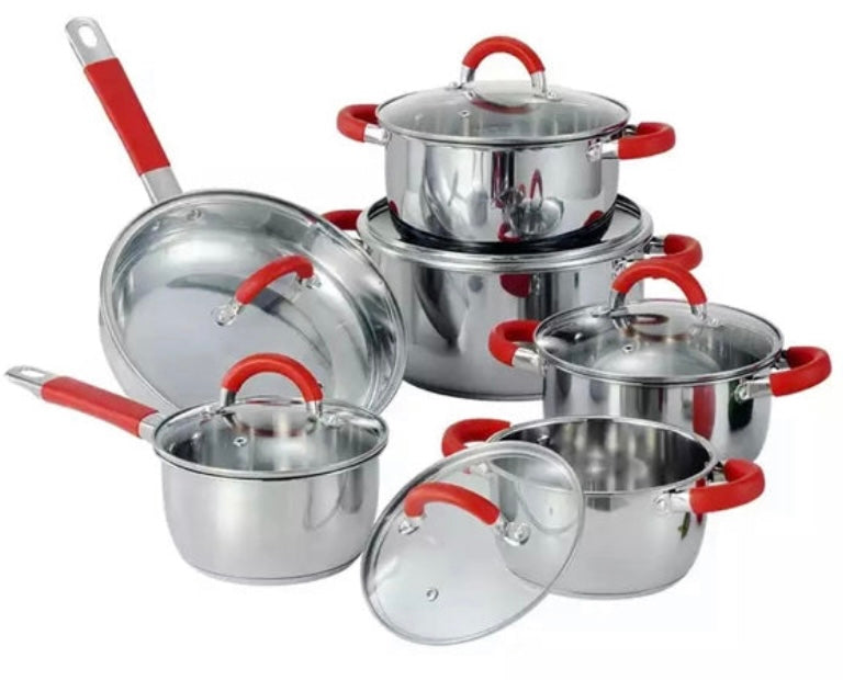 Pack de batería de cocina de 12 piezas en acero inoxidable con sus tapaderas y un juego de 6 cuchillos
