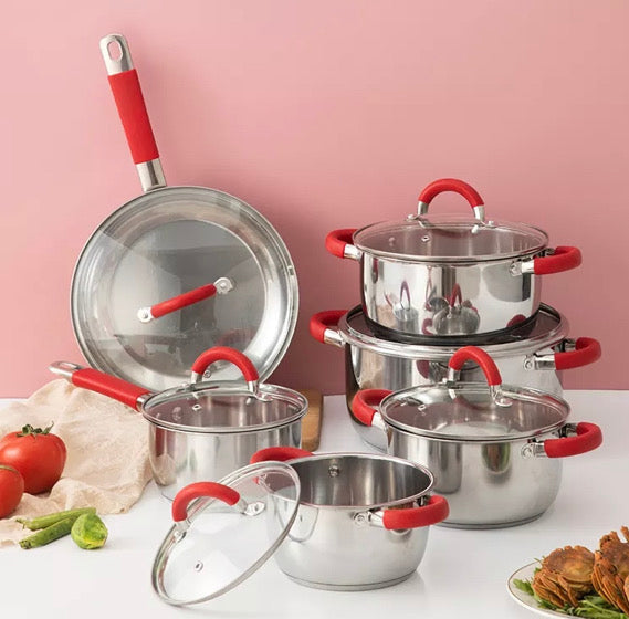 Pack de batería de cocina de 12 piezas en acero inoxidable con sus tapaderas y un juego de 6 cuchillos