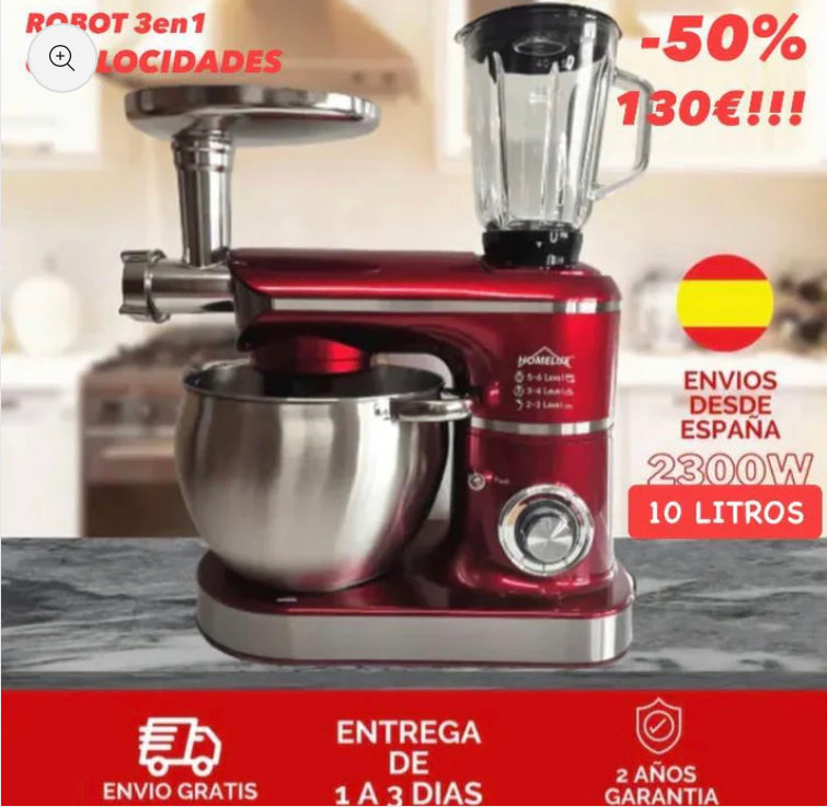 Robot 3en1 Batidora Amasadora picadora Homelux 10Litros 2300W  con Tazón de Acero Inoxidable, 6 Velocidades. colores: Rojo Negro y Gris