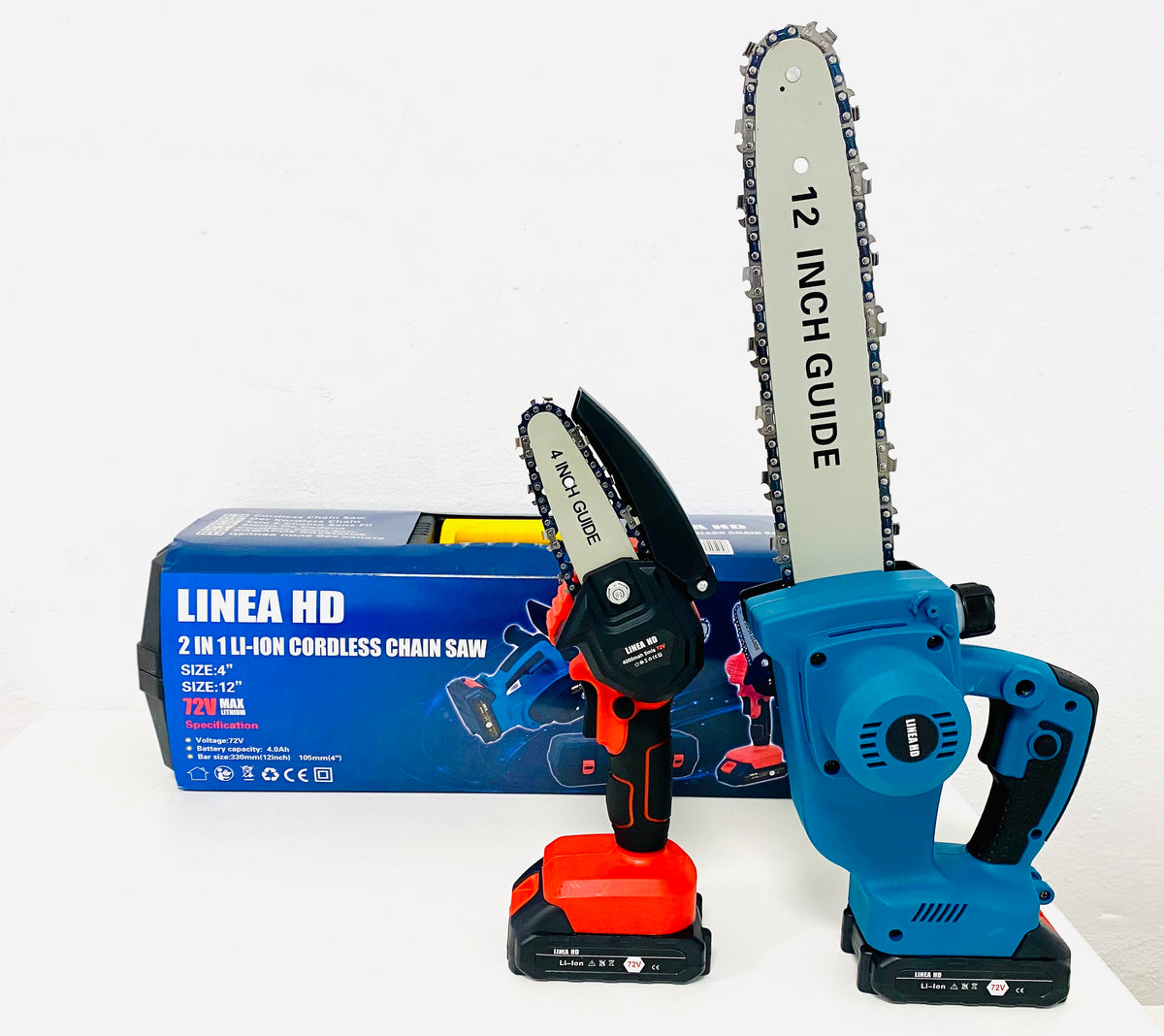 2 Motosierras eléctricas LINEA HD 2X1, la grande con empuñadura y depósito de aceite, y la pequeña con bloqueo de seguridad, 2 baterías recargables de 72V