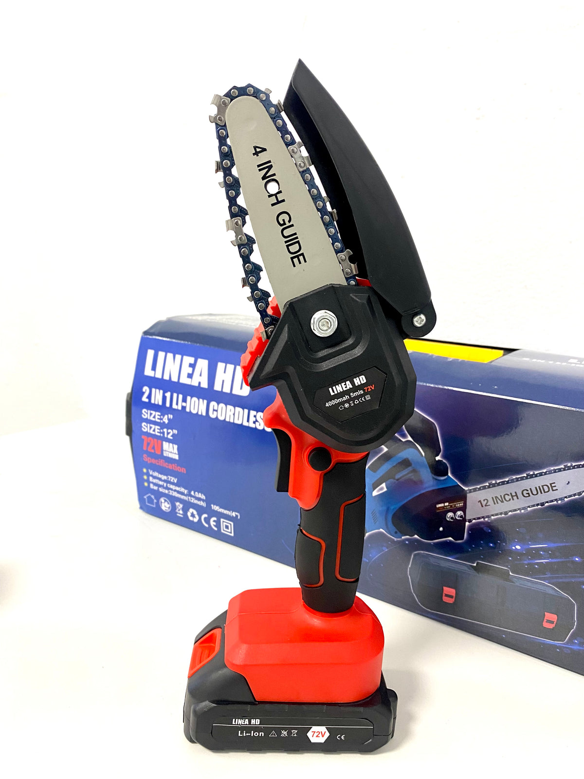 2 Motosierras eléctricas LINEA HD 2X1, la grande con empuñadura y depósito de aceite, y la pequeña con bloqueo de seguridad, 2 baterías recargables de 72V