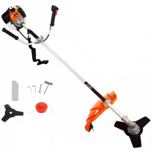 Desbrozadora LINEA HD con motor gasolina 52cc, 3,5cv, 2 accesorios de corte, manillar de agarre doble, arnés y kit de herramientas.