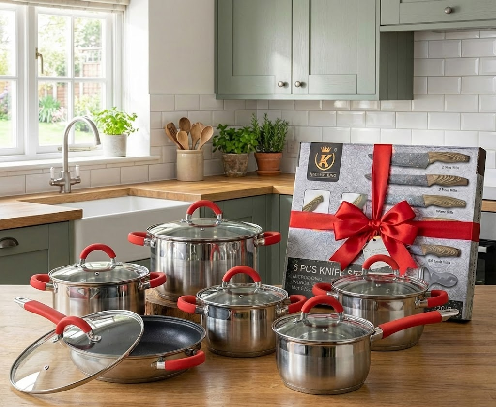 Pack de batería de cocina de 12 piezas en acero inoxidable con sus tapaderas y un juego de 6 cuchillos