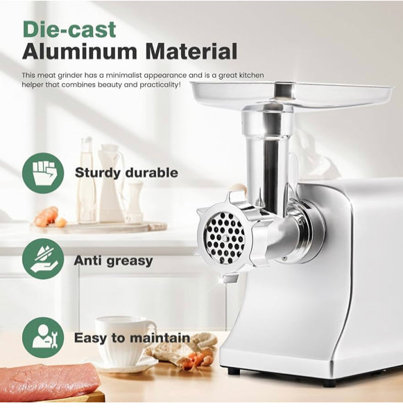 Cheffinger Picadora eléctrica de Carne Multifunción 2500W de potencia Con Embutidora de Chorizos Trituradora de Carne Para Uso Doméstico y Comercial