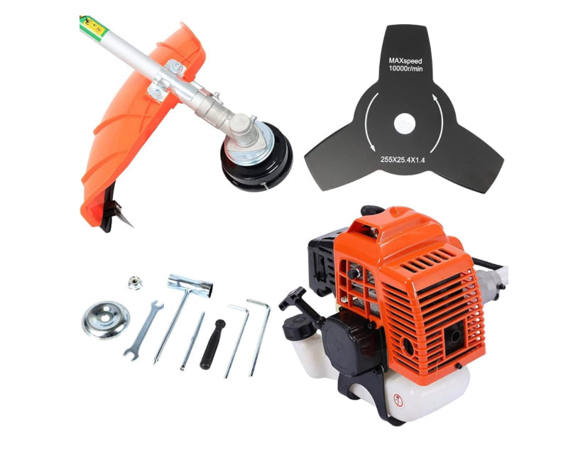 Desbrozadora LINEA HD con motor gasolina 52cc, 3,5cv, 2 accesorios de corte, manillar de agarre doble, arnés y kit de herramientas.