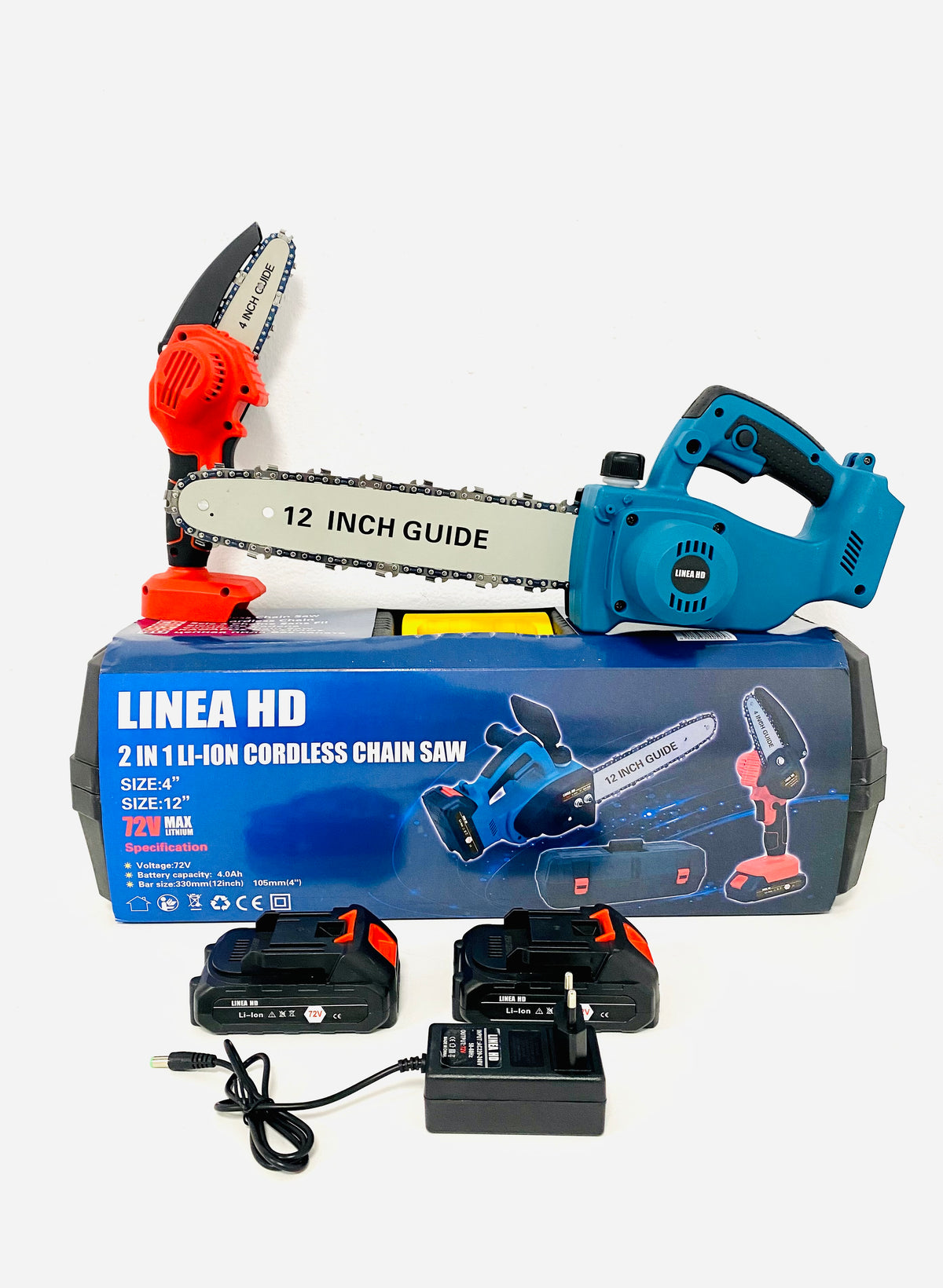 2 Motosierras eléctricas LINEA HD 2X1, la grande con empuñadura y depósito de aceite, y la pequeña con bloqueo de seguridad, 2 baterías recargables de 72V