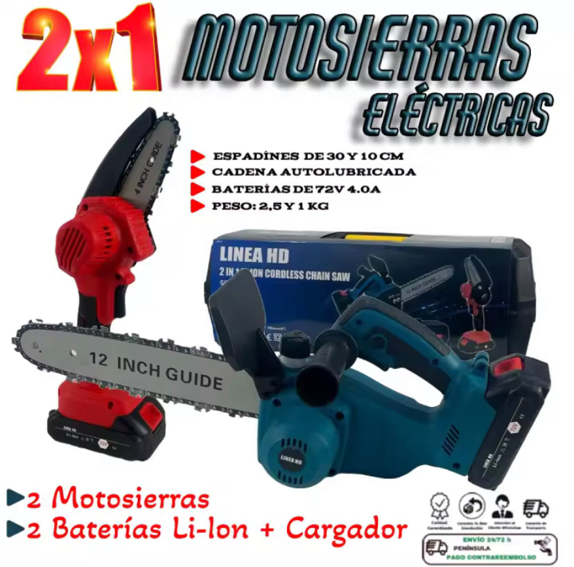 2 Motosierras eléctricas LINEA HD 2X1, la grande con empuñadura y depósito de aceite, y la pequeña con bloqueo de seguridad, 2 baterías recargables de 72V