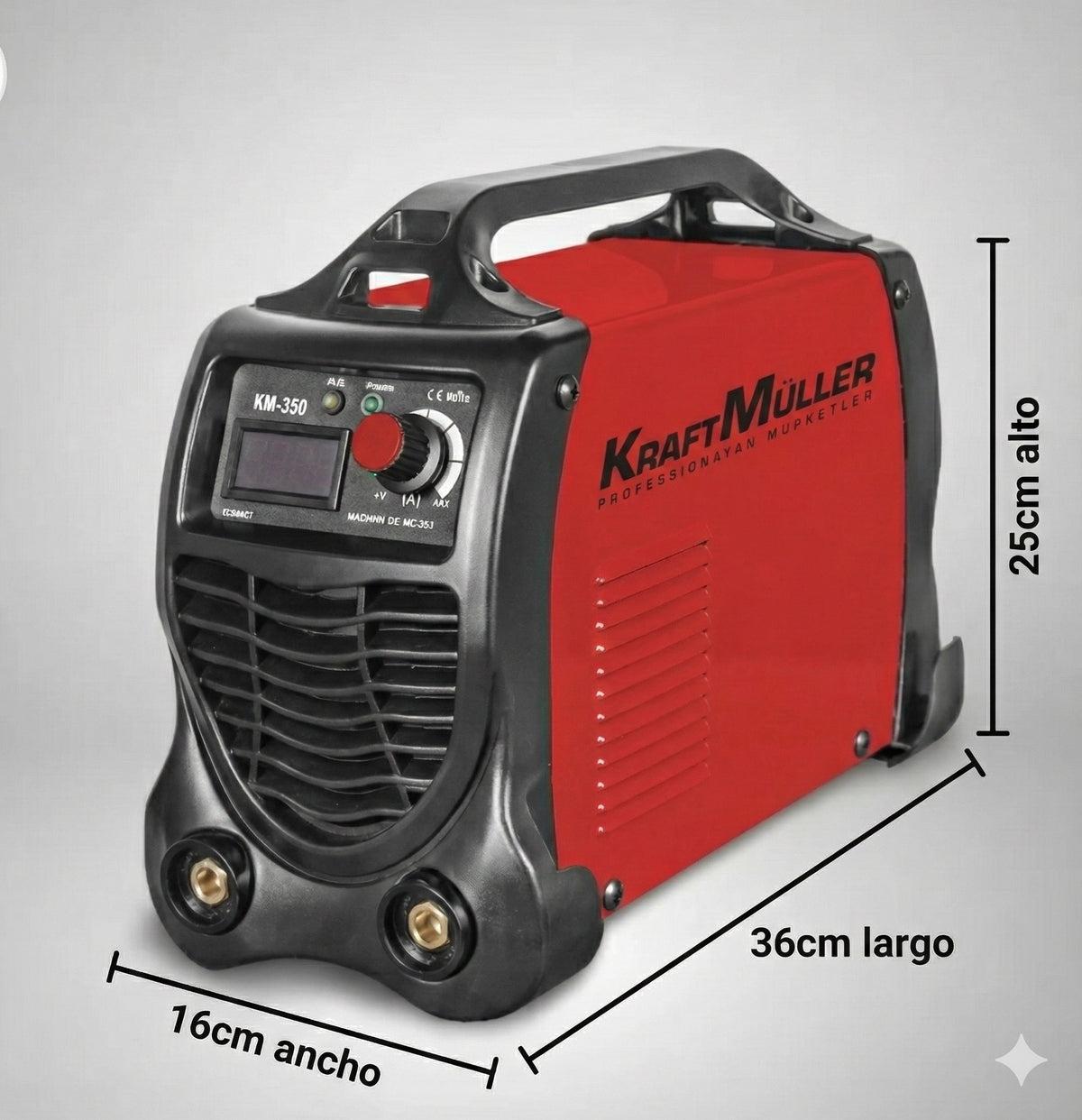 KRAFT MÜLLER Soldador Inverter PROFESIONAL 350A de Potencia Tecnologia IGBT con Pantalla LED Incluye 10 Electrodos, Careta, Cepillo - Piqueta, Pinza Porta Electrodo Negativo