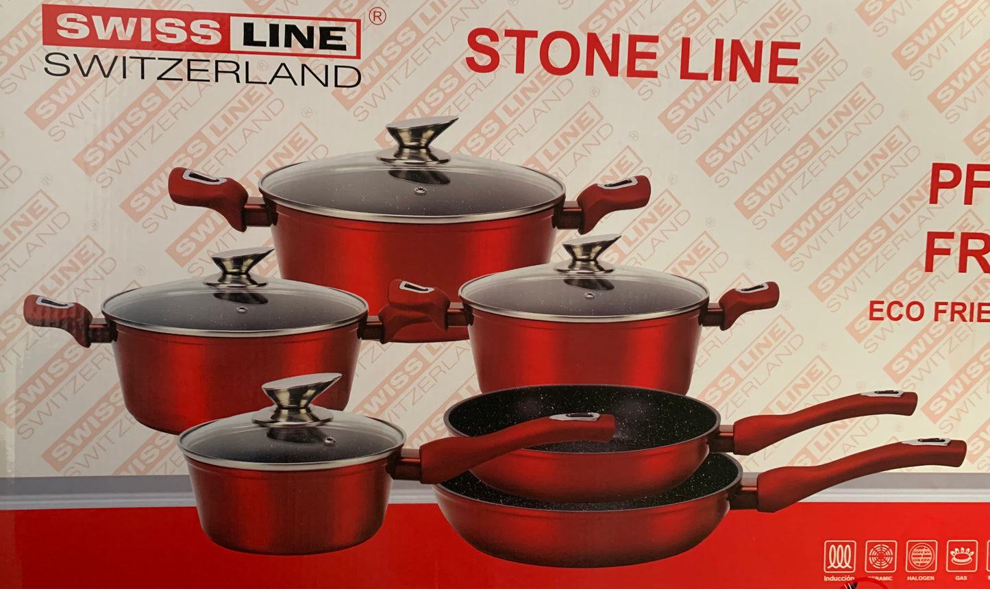 SWISS LINE  Batería Cocina Mármol sin PFOA, Set 3 Ollas con 3 Tapas de Cristal, 2 Sartenes y una Cacerola.