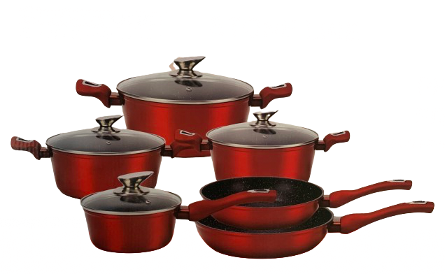 SWISS LINE  Batería Cocina Mármol sin PFOA, Set 3 Ollas con 3 Tapas de Cristal, 2 Sartenes y una Cacerola.