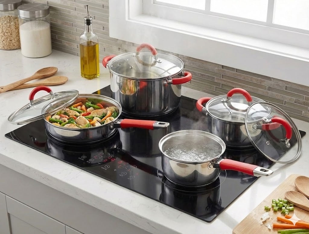 Bateria de cocina de 6 piezas con sus tapaderas en acero inoxidable