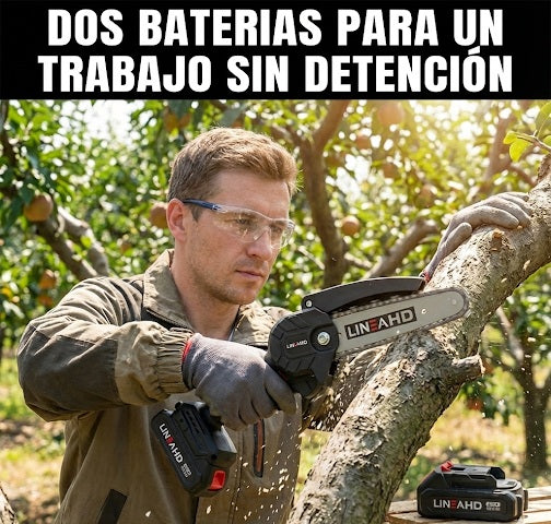 LINEA HD - Mini motosierra eléctrica de mano 6 pulgadas (15 cm), 2 baterías de 21V, 1500mAh, bloqueo de seguridad, cargador, kit de herramientas y maletín de transporte.