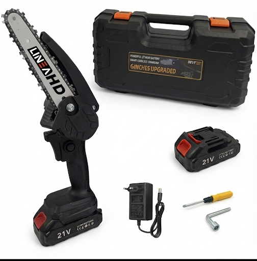 LINEA HD - Mini motosierra eléctrica de mano 6 pulgadas (15 cm), 2 baterías de 21V, 1500mAh, bloqueo de seguridad, cargador, kit de herramientas y maletín de transporte.