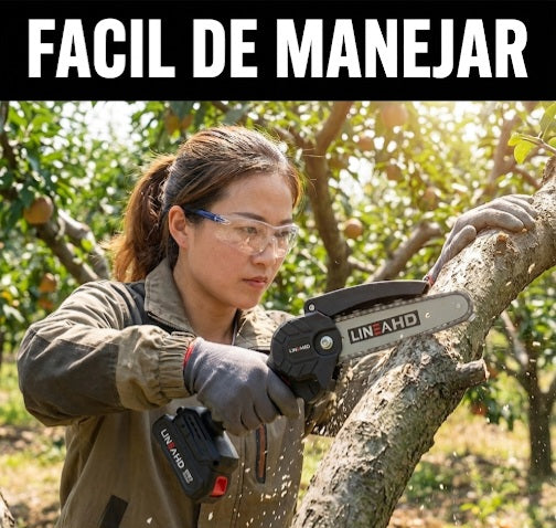 LINEA HD - Mini motosierra eléctrica de mano 6 pulgadas (15 cm), 2 baterías de 21V, 1500mAh, bloqueo de seguridad, cargador, kit de herramientas y maletín de transporte.