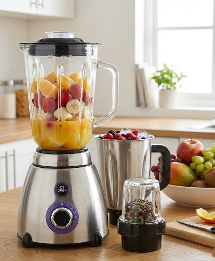 Licuadora 3x1 1500W Shiro Vaso de vidrio y otro de Acero Inoxidable 1.5L, Vaso de molinillo de vidrio, 5 Velocidades, Función Pulso y pica hielo