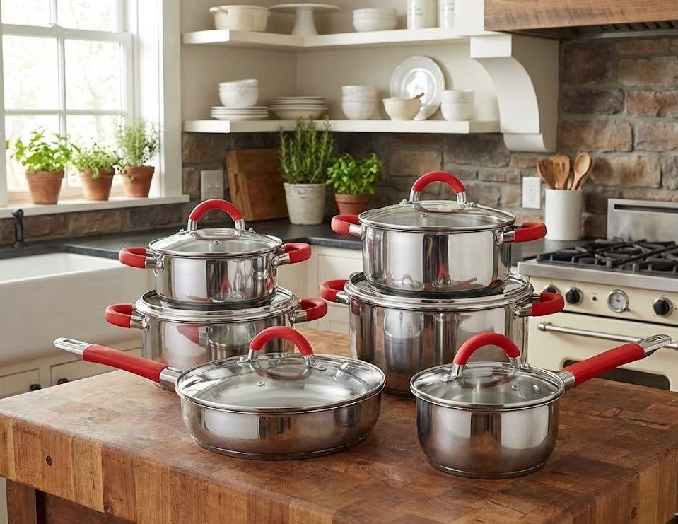 Bateria de cocina de 6 piezas con sus tapaderas en acero inoxidable
