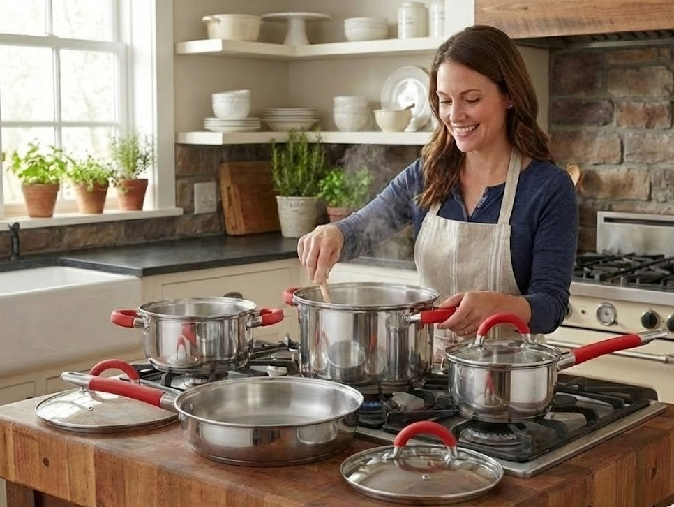 Bateria de cocina de 6 piezas con sus tapaderas en acero inoxidable